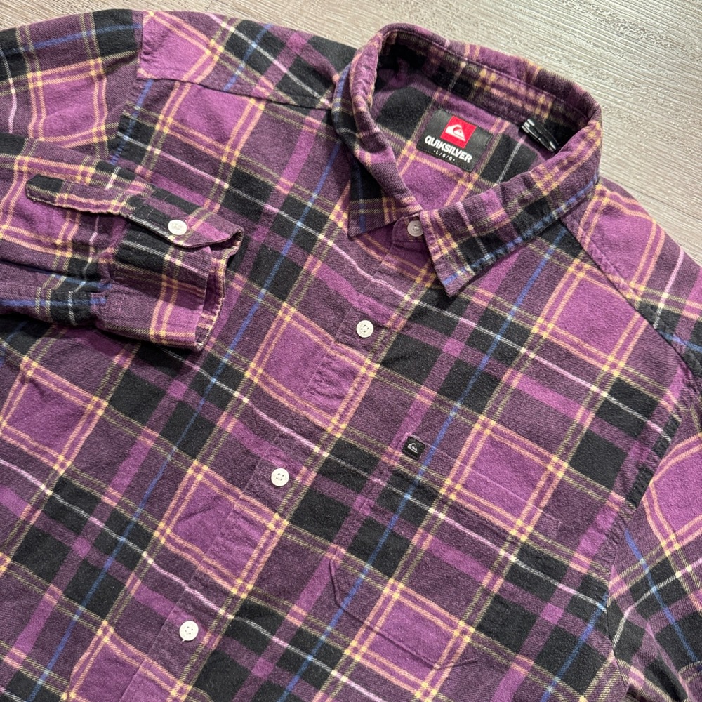 Quiksilver Flannel Shirt Mens Large Purple Plaid Cotton Heavyweight Heritage